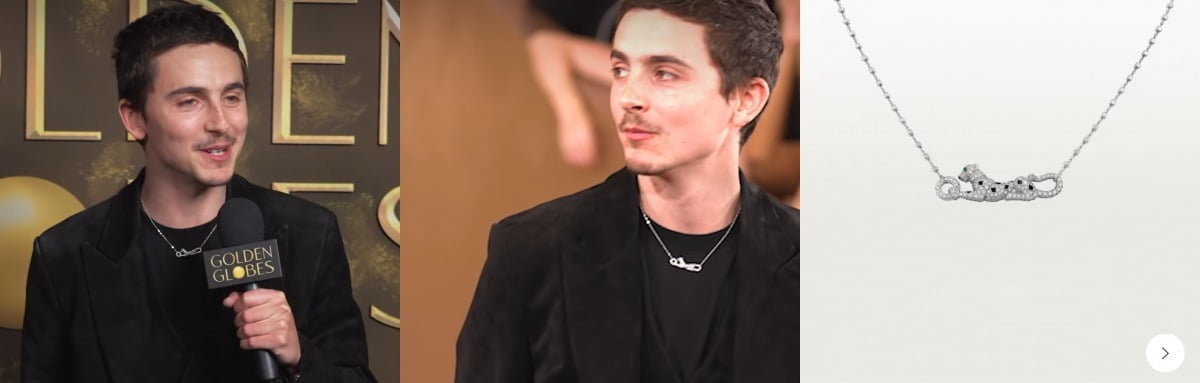 Timothée Chalamet wearing a Panthère de Cartier necklace. Golden Globes SNS