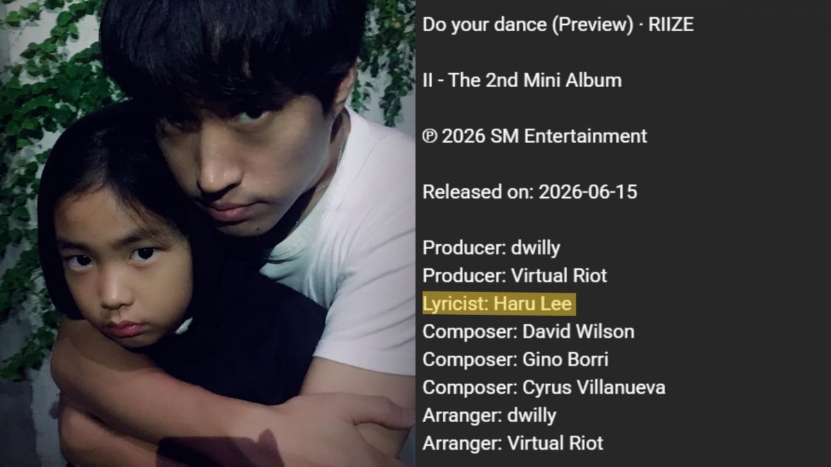 (Left) Tablo and his daughter Haru Lee (Right) Haru Lee's name is listed in the songwriting credits for RIIZE. / @tabloisdad on Instagram, captured from @RIIZE_official on YouTube