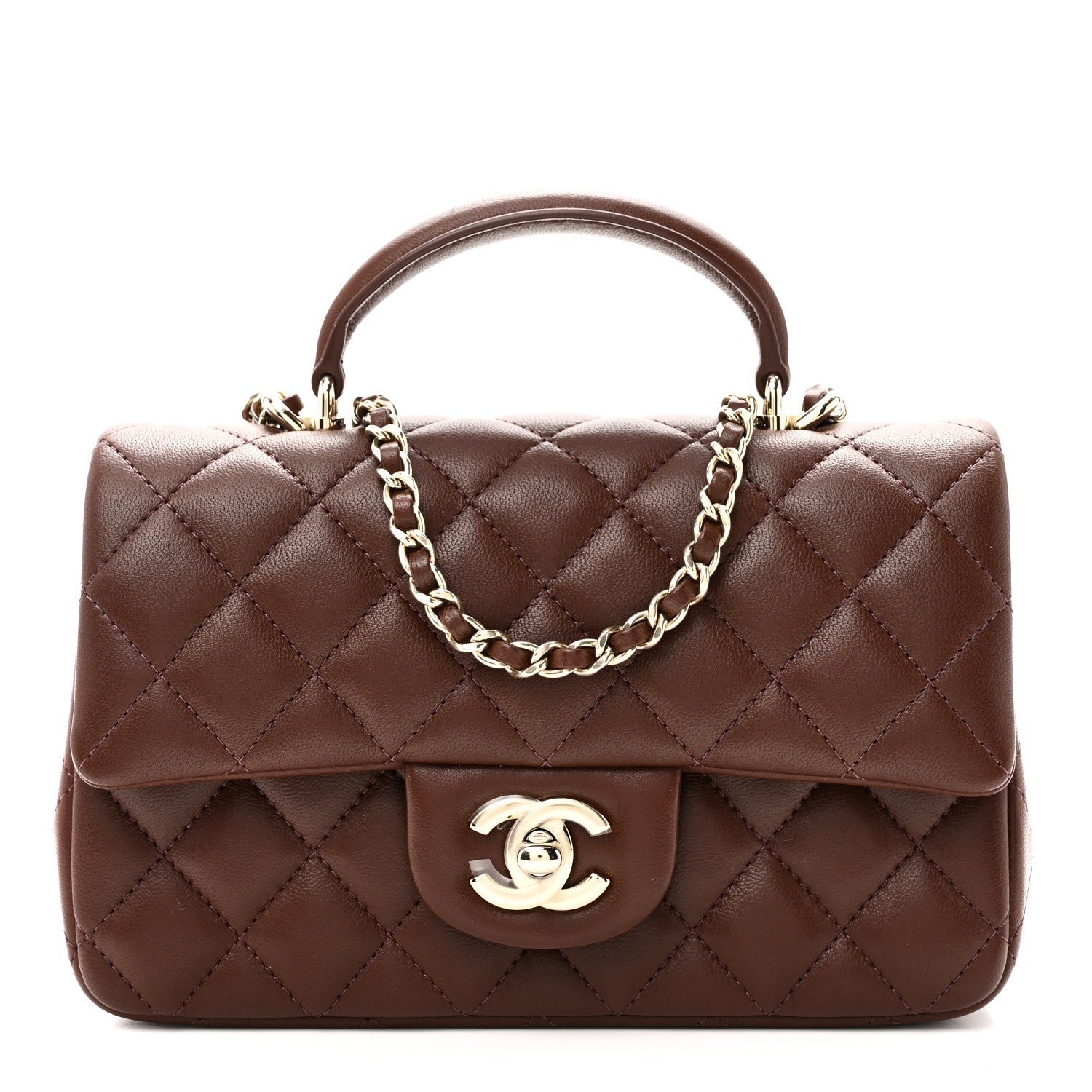 Chanel Lambskin Quilted Mini Top Handle Rectangular Flap Dark Brown