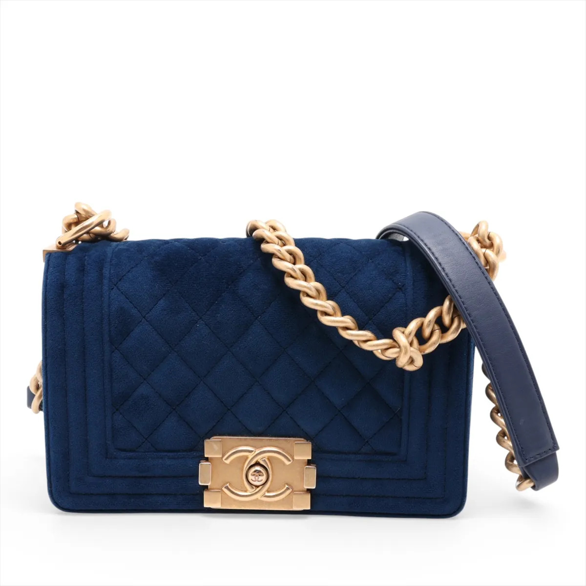 Chanel Boy Chanel 20 Small Velour Chain Shoulder Bag Blue Gold Metal Fittings 29