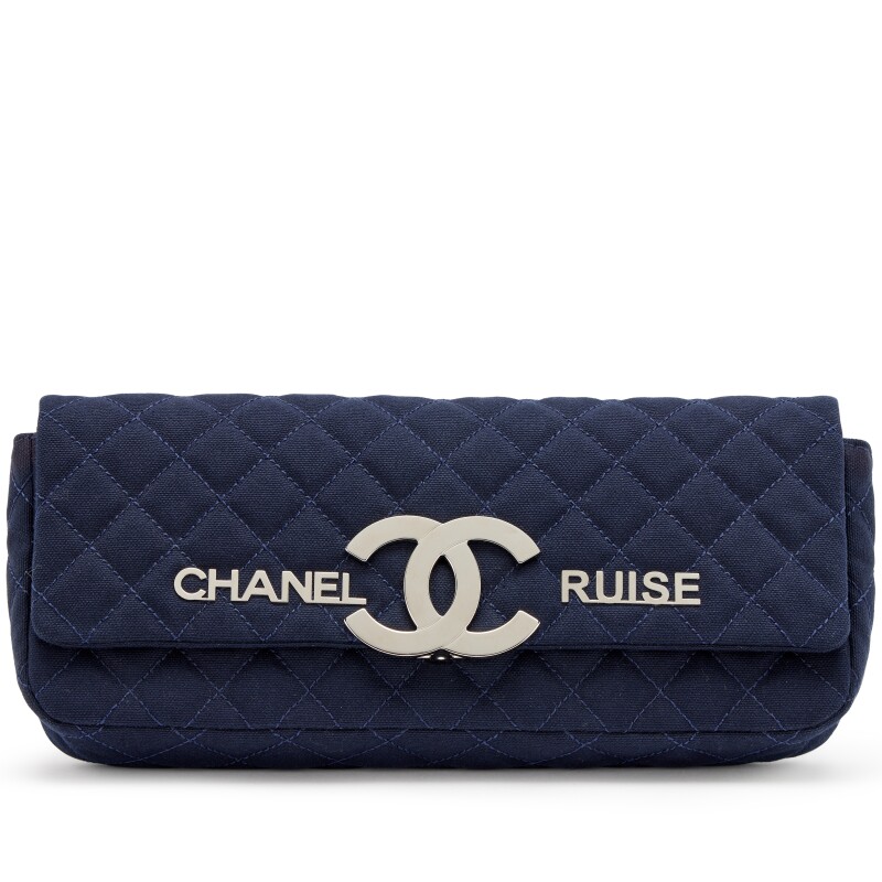 Navy Blue Quilted Canvas CC Cruise East West Flap Clutch Silver Hardware, 2009