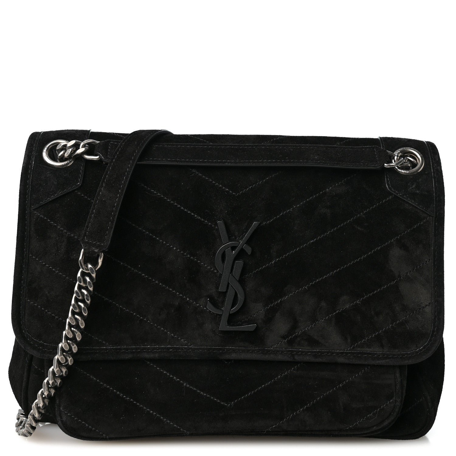 Saint Laurent Suede Monogram Medium Niki Chain Satchel Black