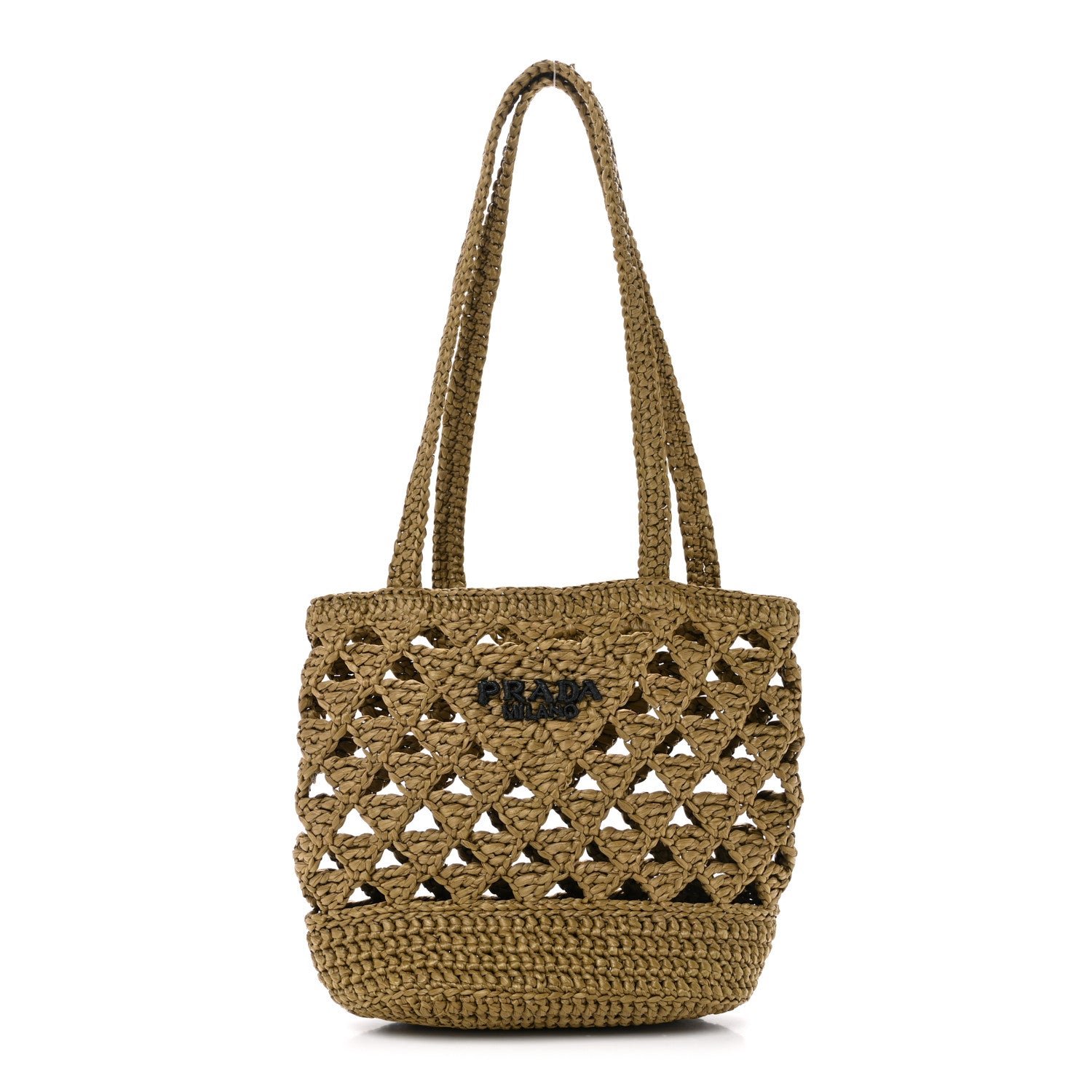 Prada Yarn Raffia Effect Crochet Embroidered Mini Logo Tote Oliva