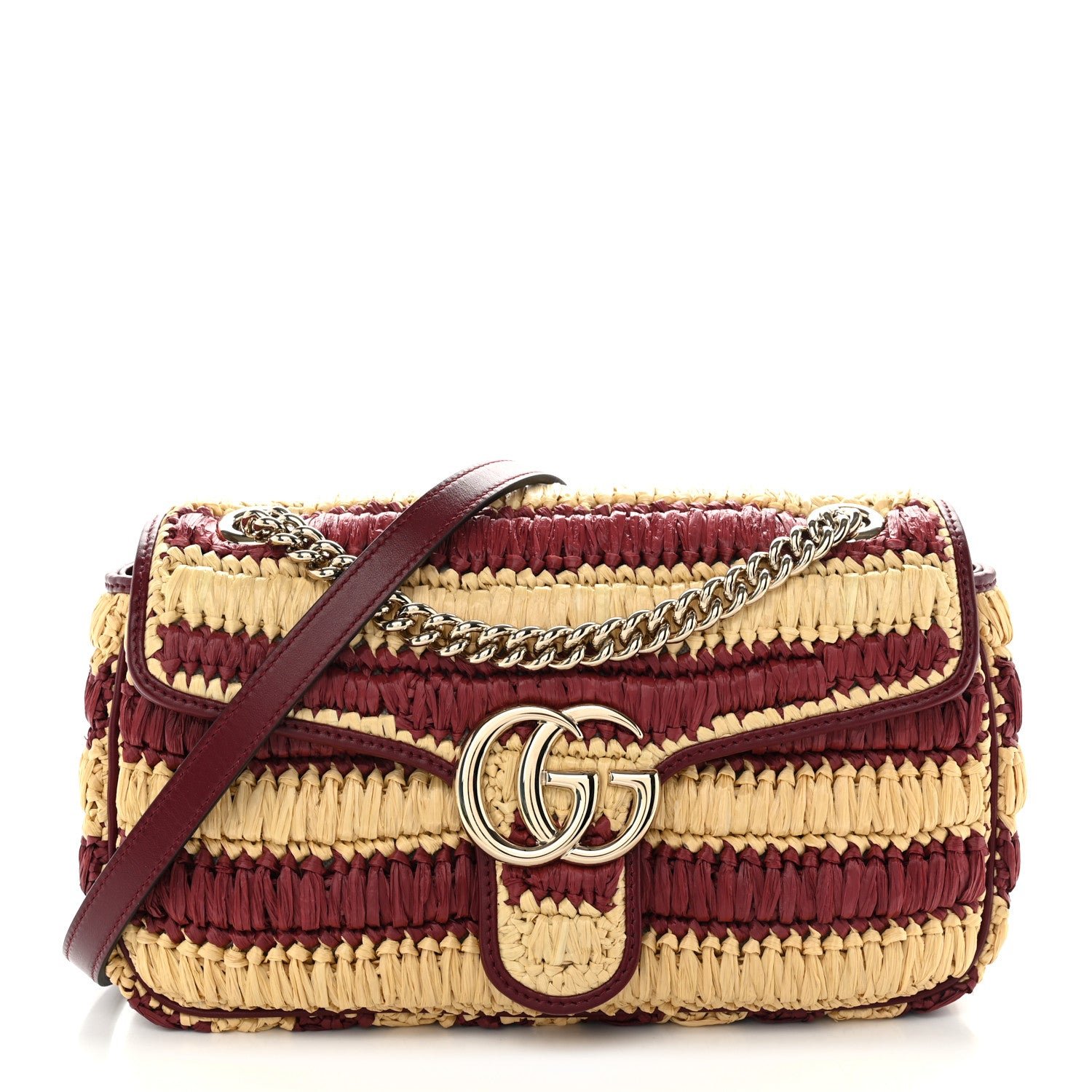 Gucci Calfskin Raffia Woven Small GG Marmont Shoulder Bag Natural Red