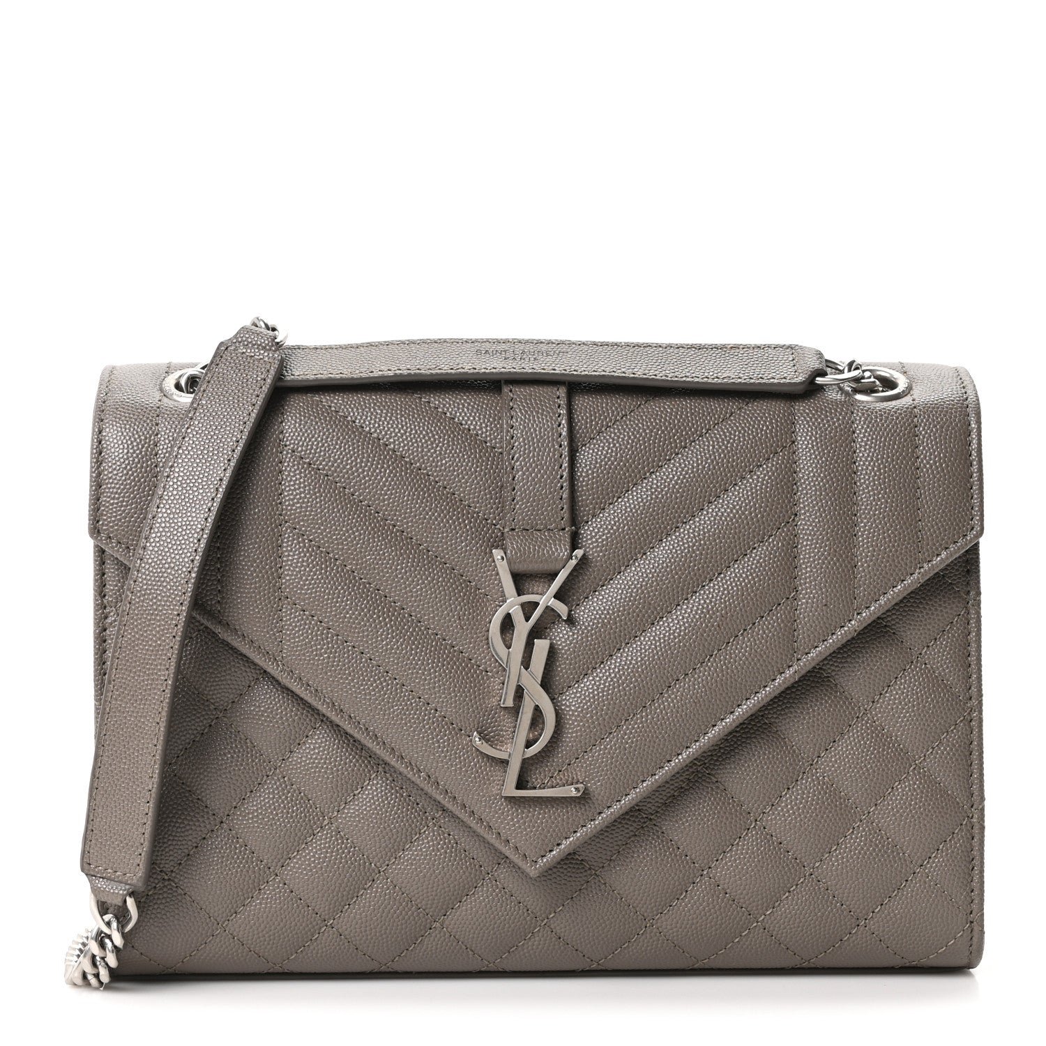 Saint Laurent Grain De Poudre Textured Mixed Matelasse Medium Triquilt Monogram Satchel Greyish Brown