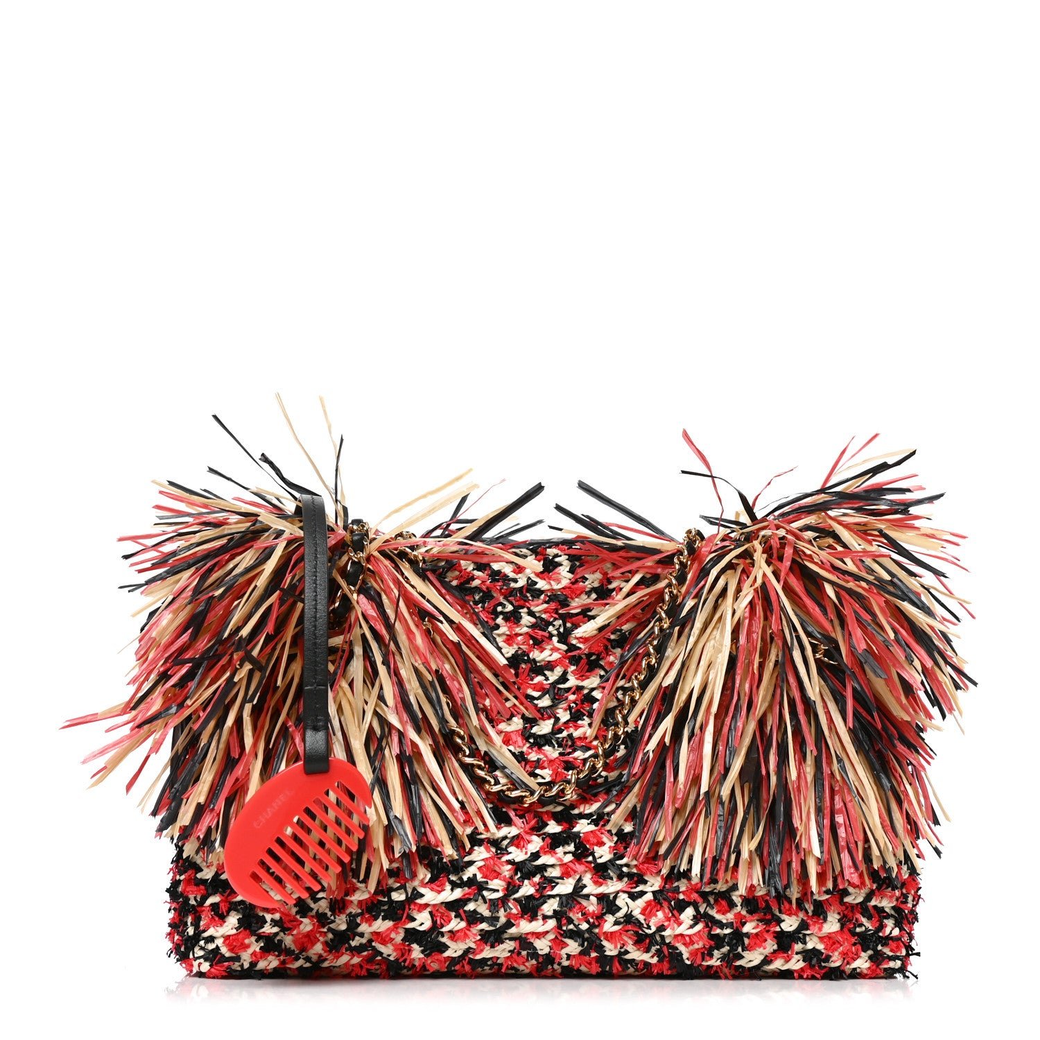 Chanel Raffia Fringe Mini Shopping Bag Red Light Beige Black