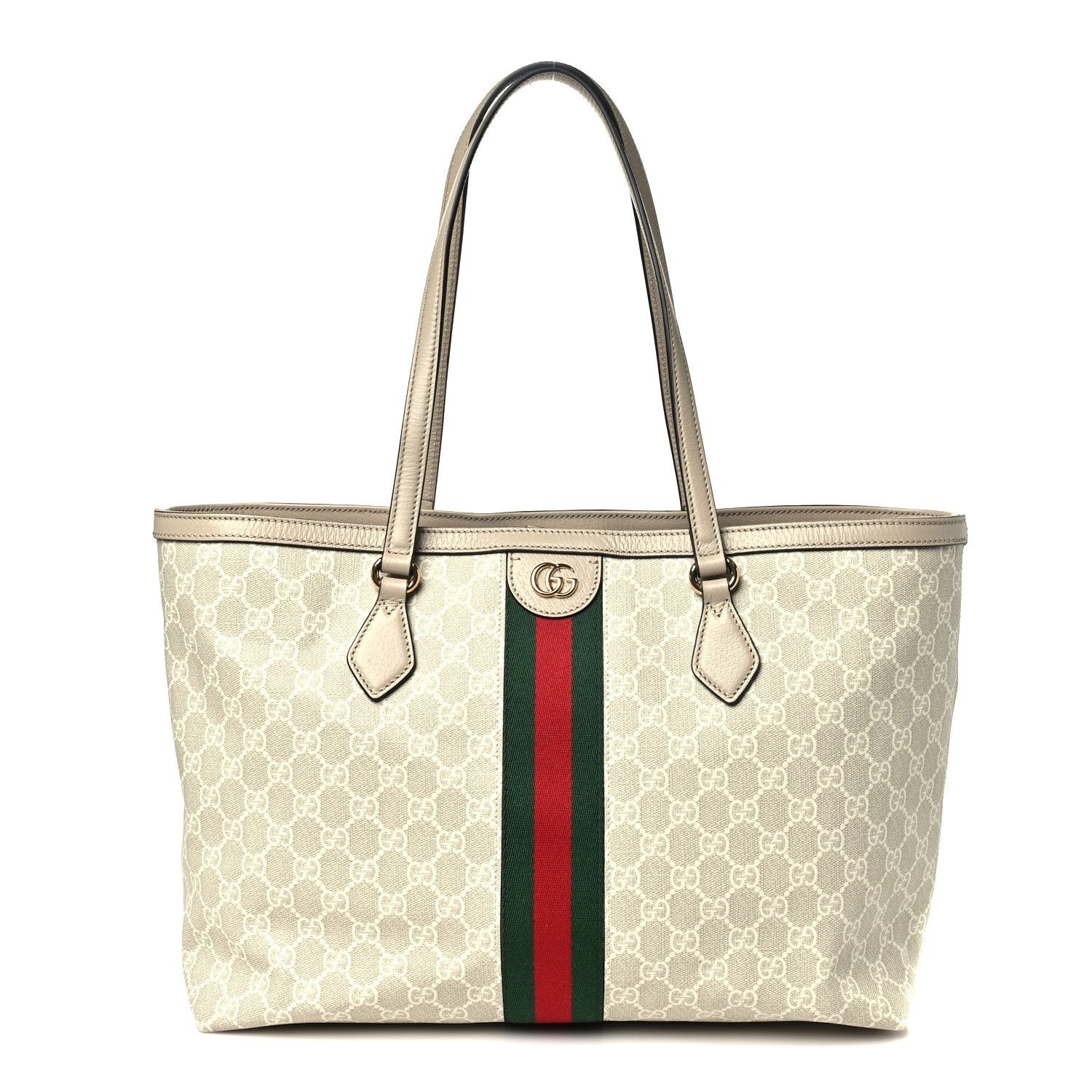 Gucci GG Supreme Monogram Textured Dollar Calfskin Web Medium Ophidia Shopping Tote Beige Mystic White Oatmeal