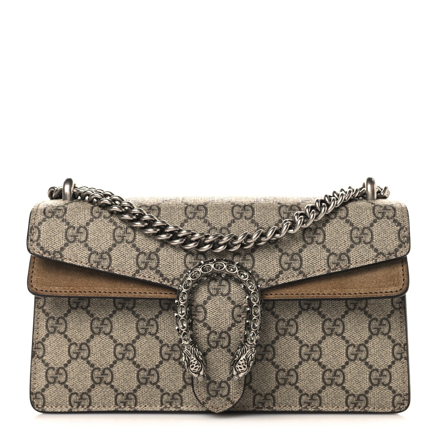 Gucci GG Supreme Monogram Suede Crystal Small Dionysus Shoulder Bag Beige Ebony Taupe