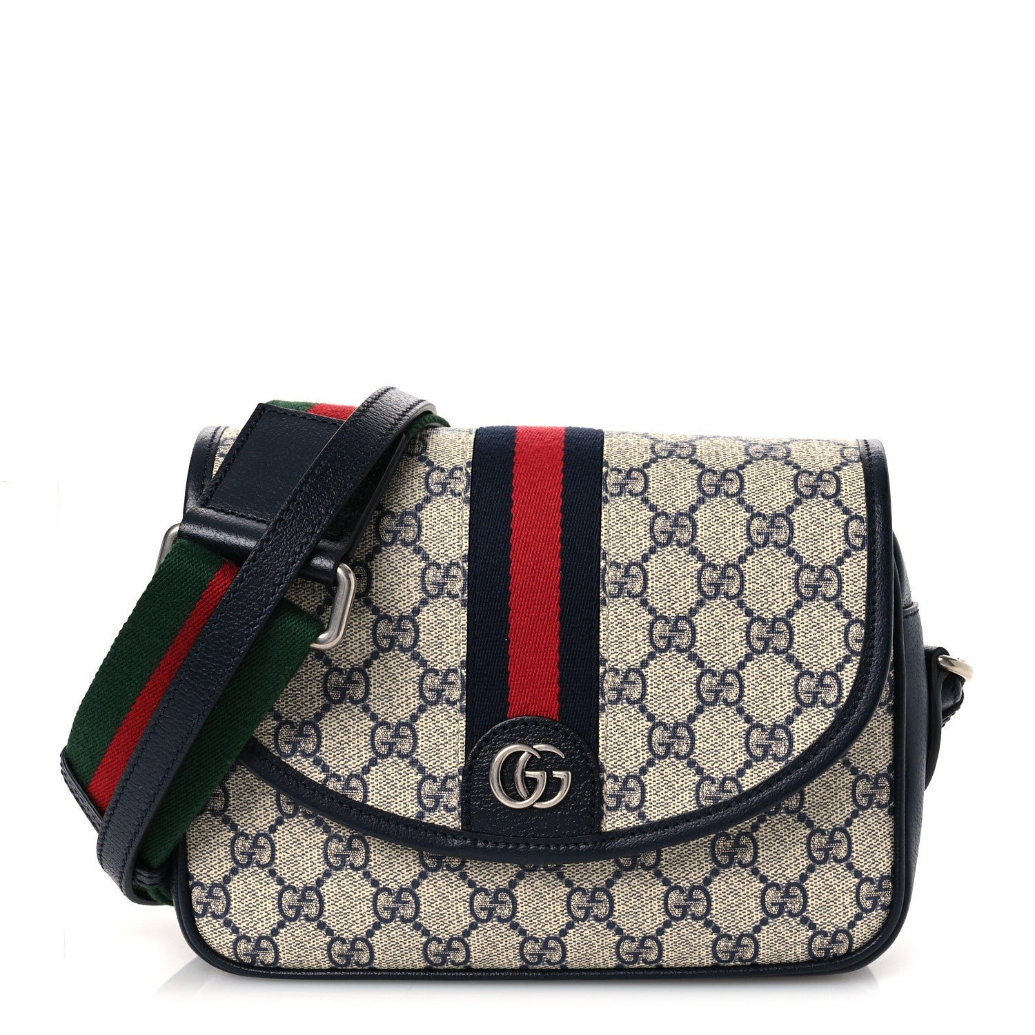 Gucci GG Supreme Monogram Textured Dollar Calfskin Web Studded Mini Ophidia Flap Shoulder Bag Beige Blue