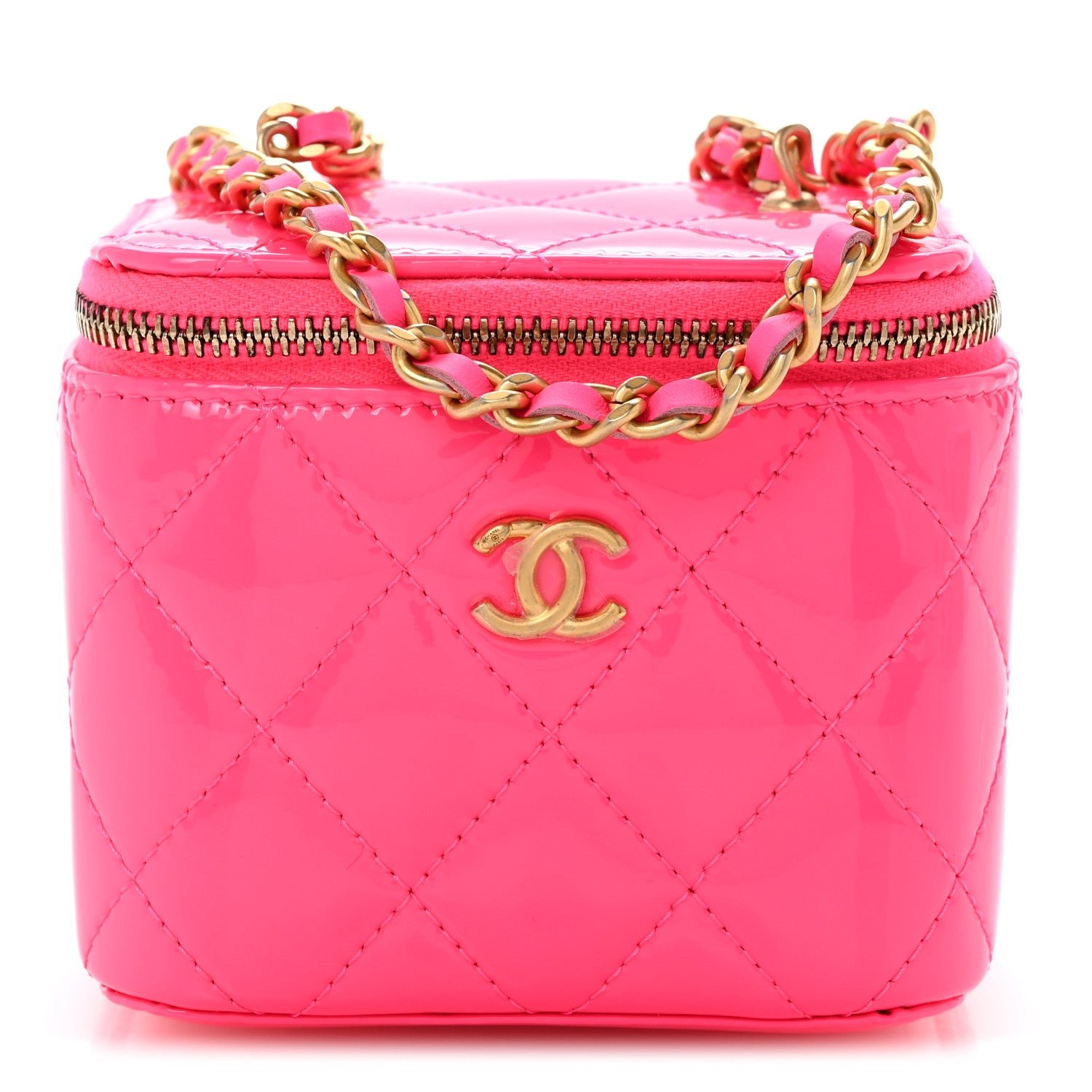Chanel Patent Quilted Pearl Crush Mini Vanity Case With Chain Neon Pink