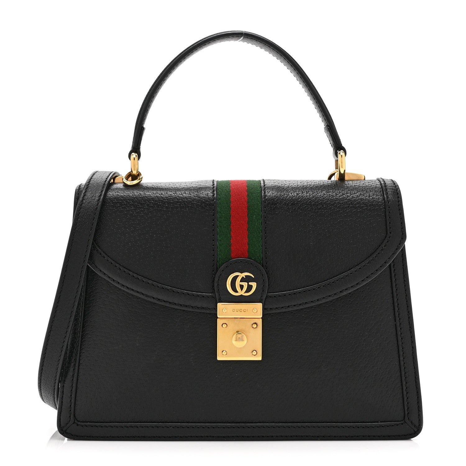 Gucci Textured Dollar Calfskin Web Small Ophidia Padlock Top Handle Bag Black