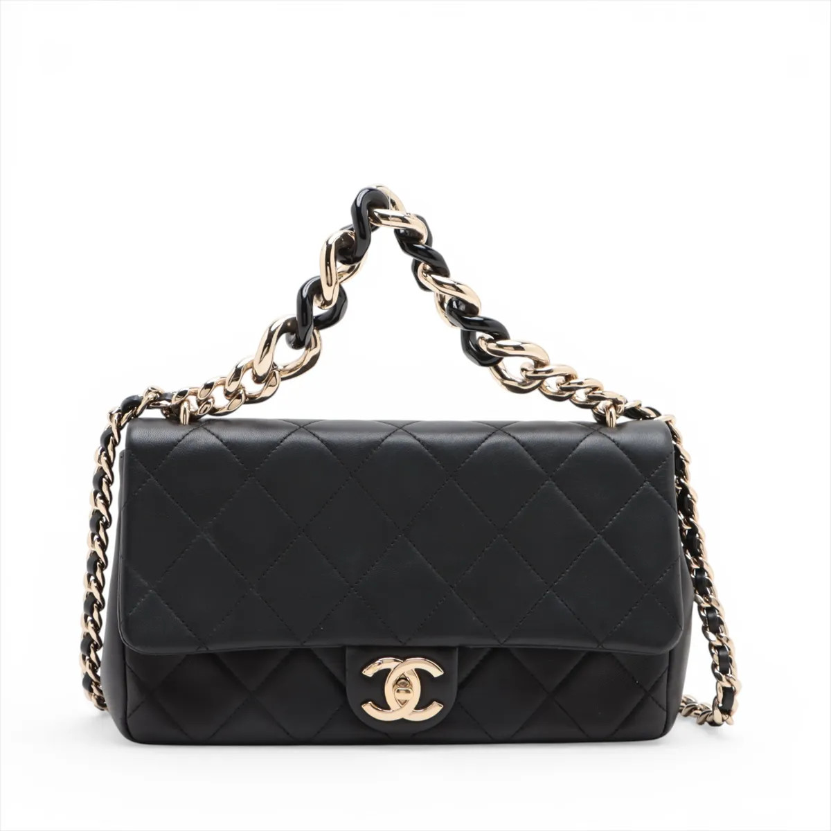 Chanel Matelasse Lambskin 2 Way Shoulder Bag Black Gold Metal Fittings 29th AS13