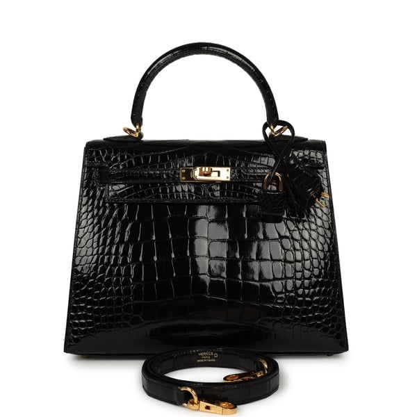 Pre-owned Hermes Kelly Sellier 25 Black Shiny Alligator Gold Hardware