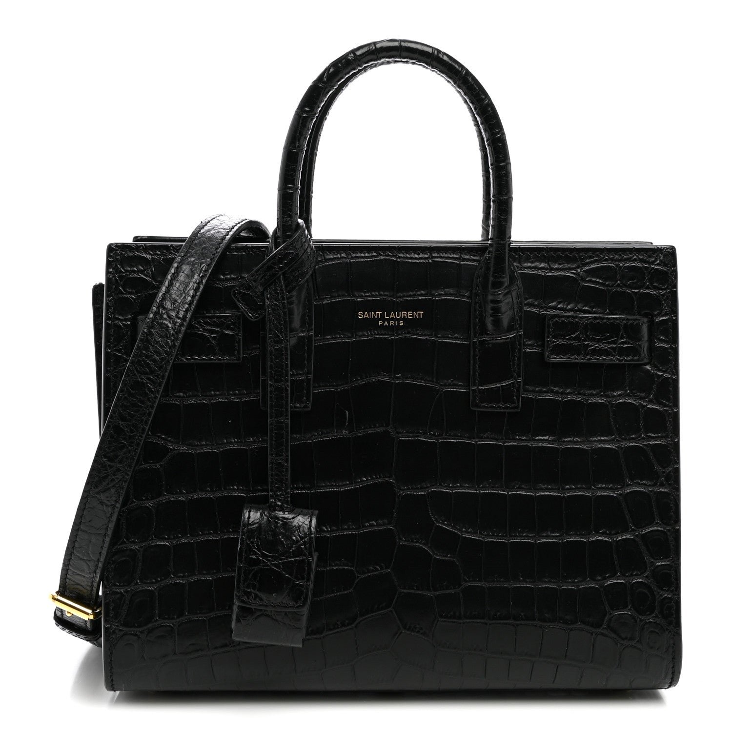 Saint Laurent Calfskin Crocodile Embossed Nano Sac De Jour Black