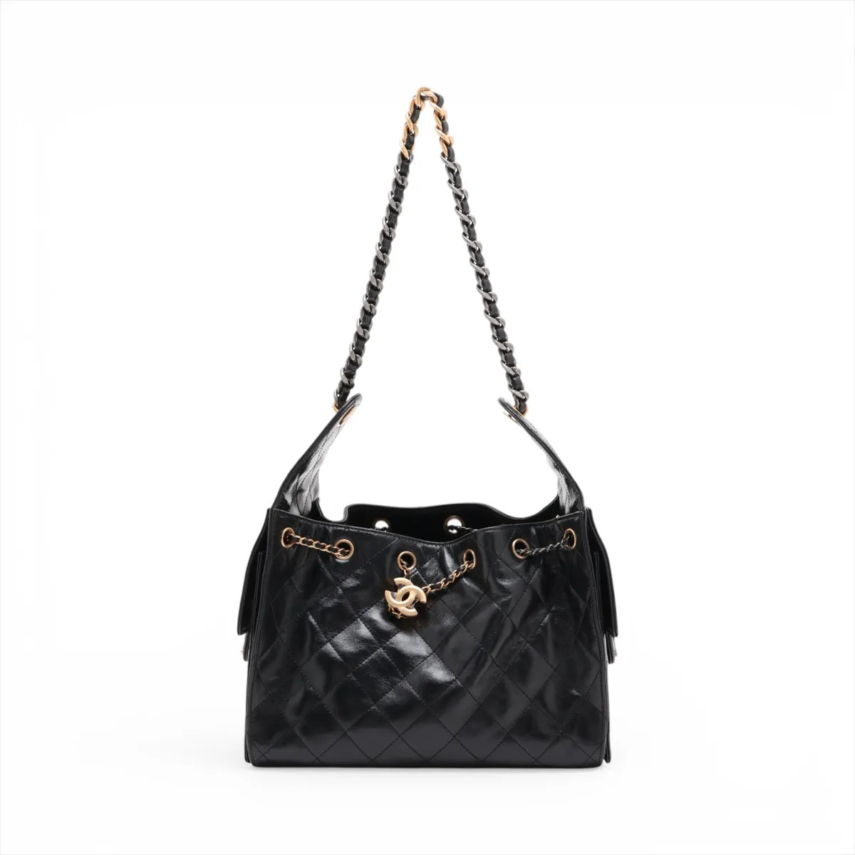 Chanel Chanel 25 Small Calfskin Chain Shoulder Bag Black Gold x Silver Metal Fit
