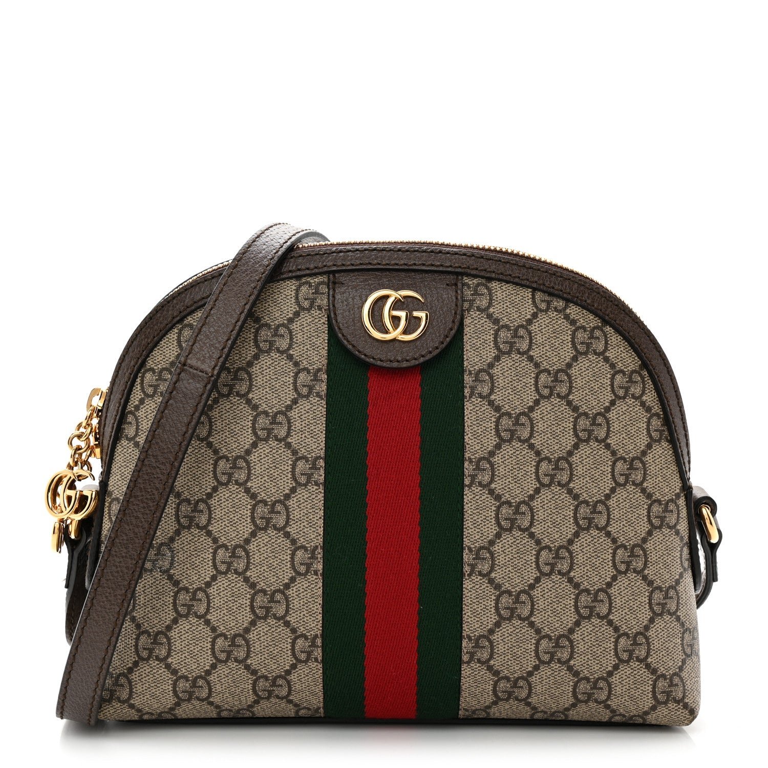 Gucci GG Supreme Monogram Textured Dollar Calfskin Web Small Ophidia Dome Shoulder Bag Beige Ebony New Acero