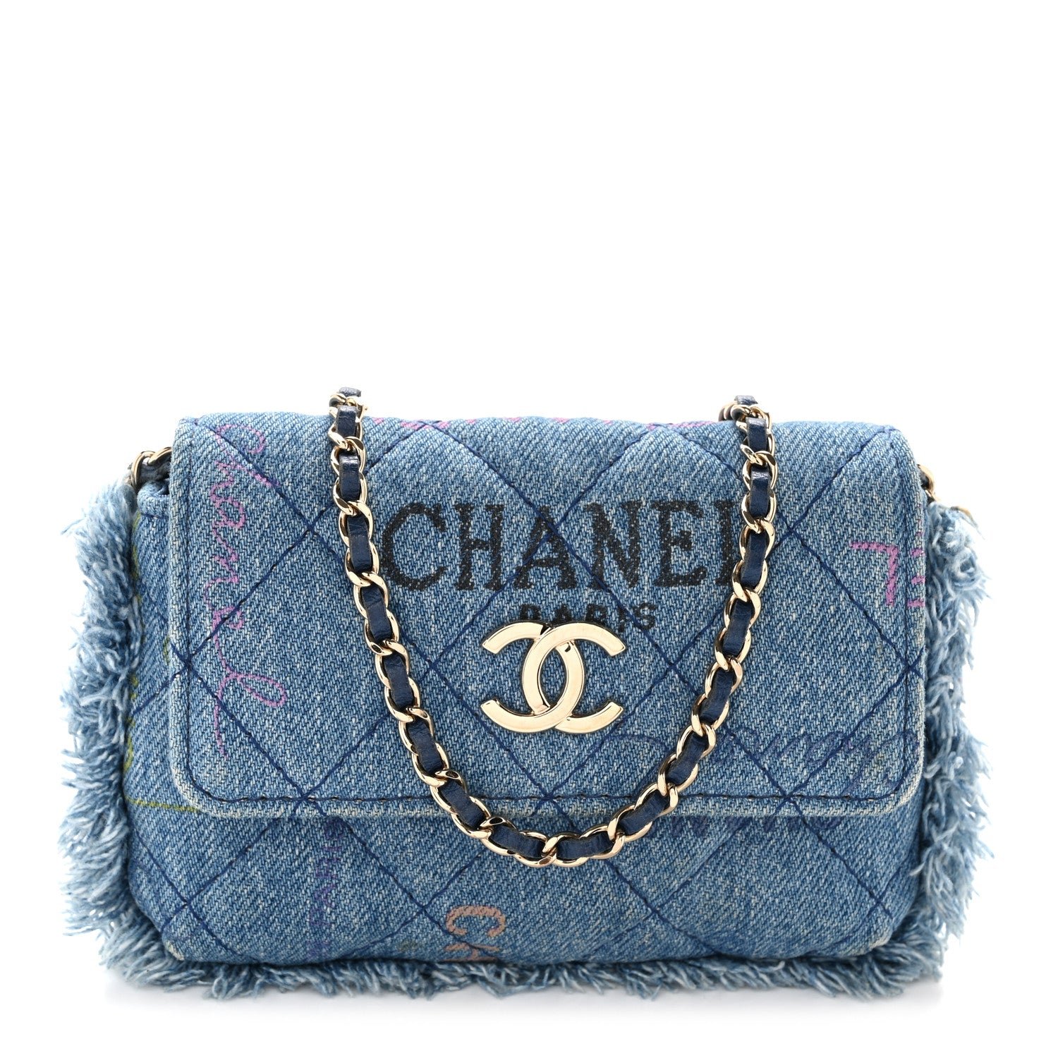Chanel Denim Quilted Denim Mood Clutch With Chain Blue Multicolor