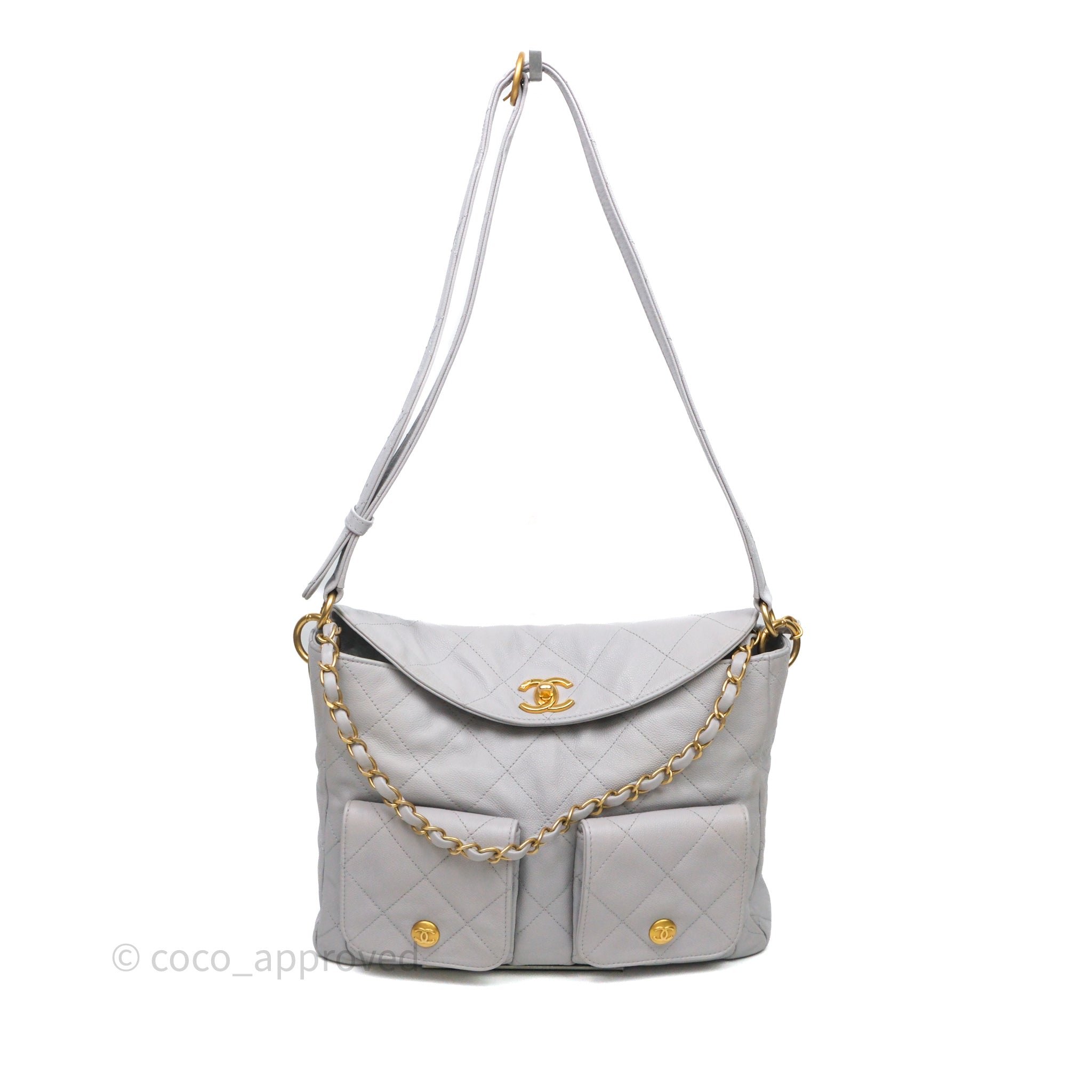 Chanel Double Pocket Hobo Bag Grey Caviar Aged Gold Hardware