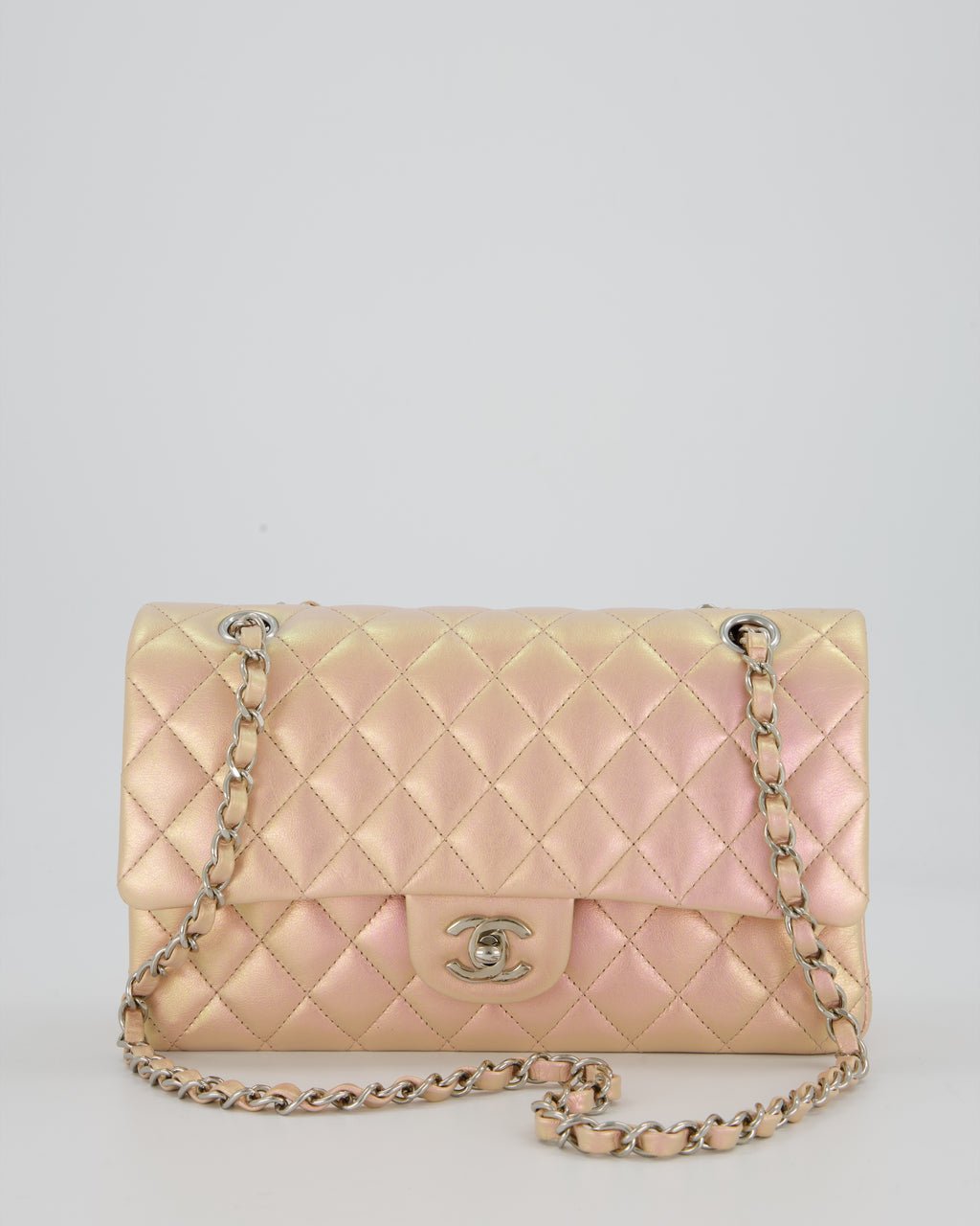 Chanel Iridescent Pink Medium Double Flap Bag In Lambskin Leather With Gold Hardware