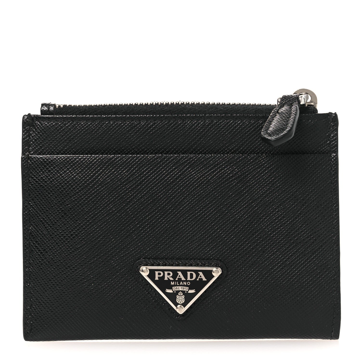 Prada Saffiano Triangle Zip Card Holder Black