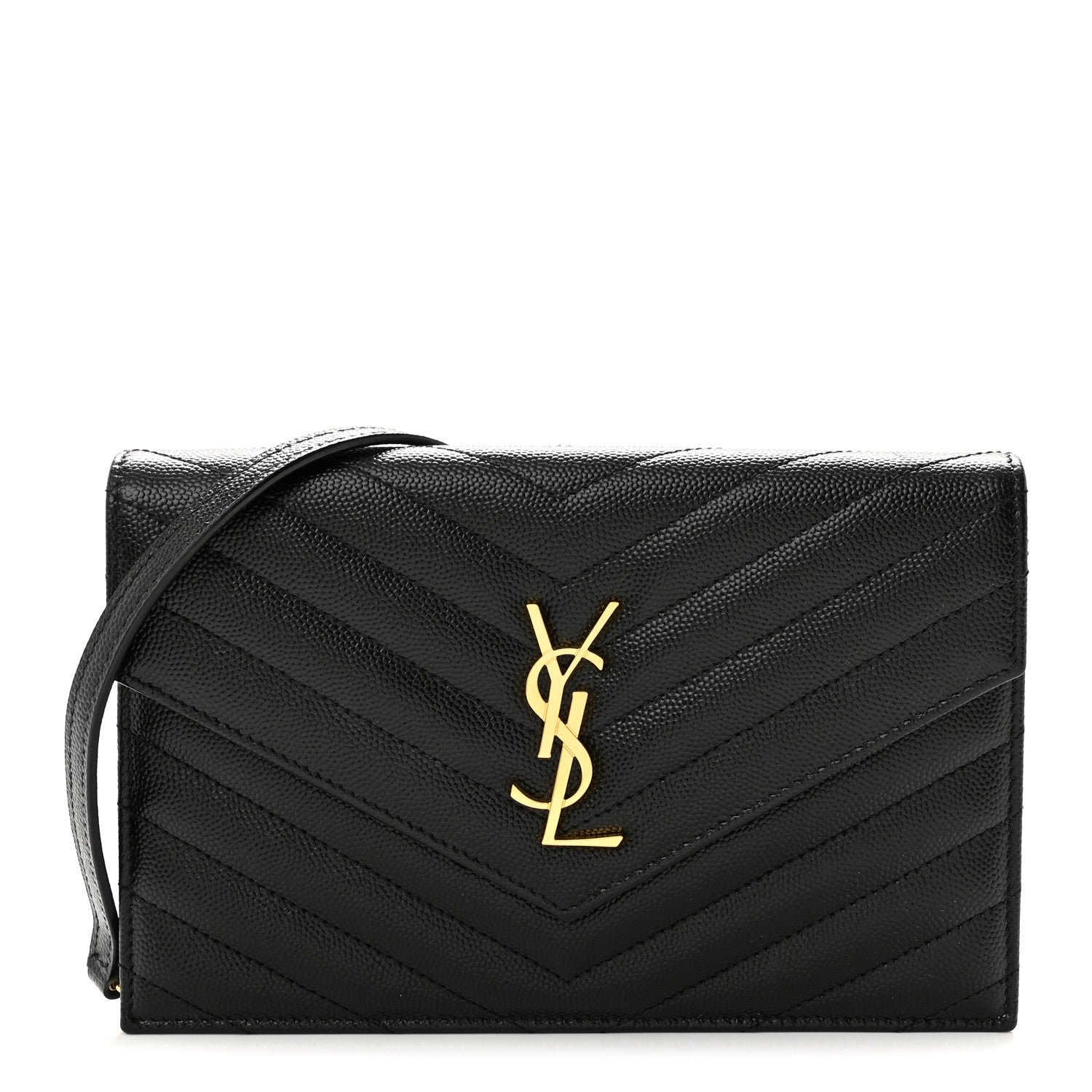 Saint Laurent Grain De Poudre Matelasse Chevron Monogram Envelope Chain Wallet Black
