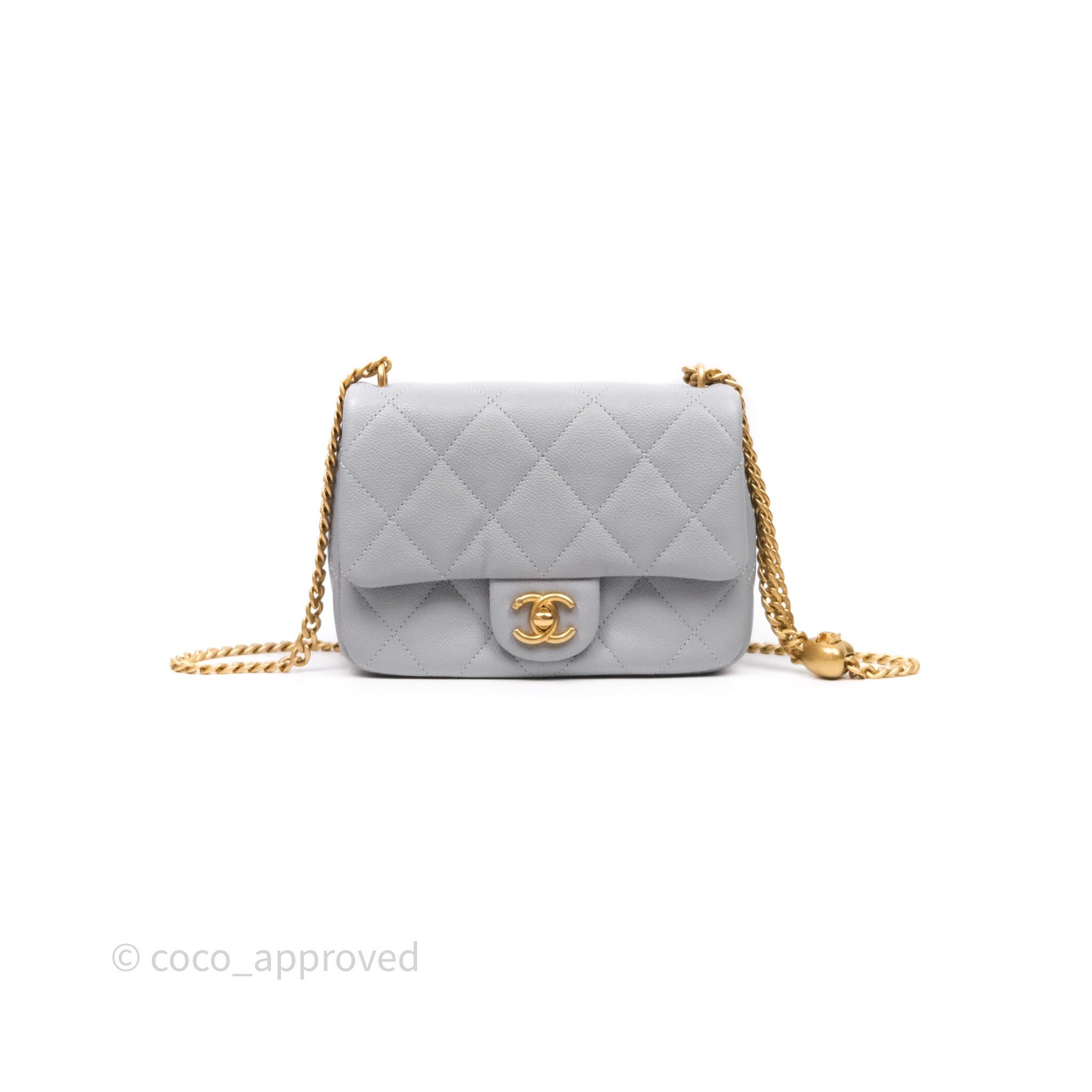 Chanel Mini Flap Bag Heart Adjustable Chain Grey Caviar Aged Gold Hardware