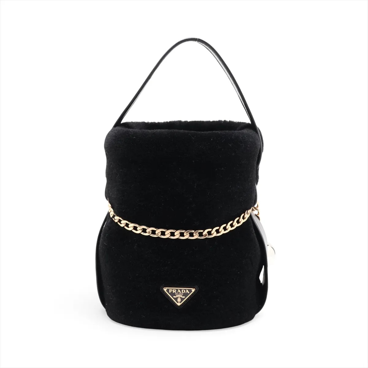 Prada 1BE088 Fur × Leather Hand bag Black