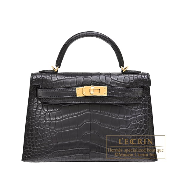 Hermes Kelly bag mini Sellier Black Matt alligator crocodile skin Gold hardware