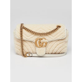 Gucci White Shearling GG Marmont Small Shoulder Bag