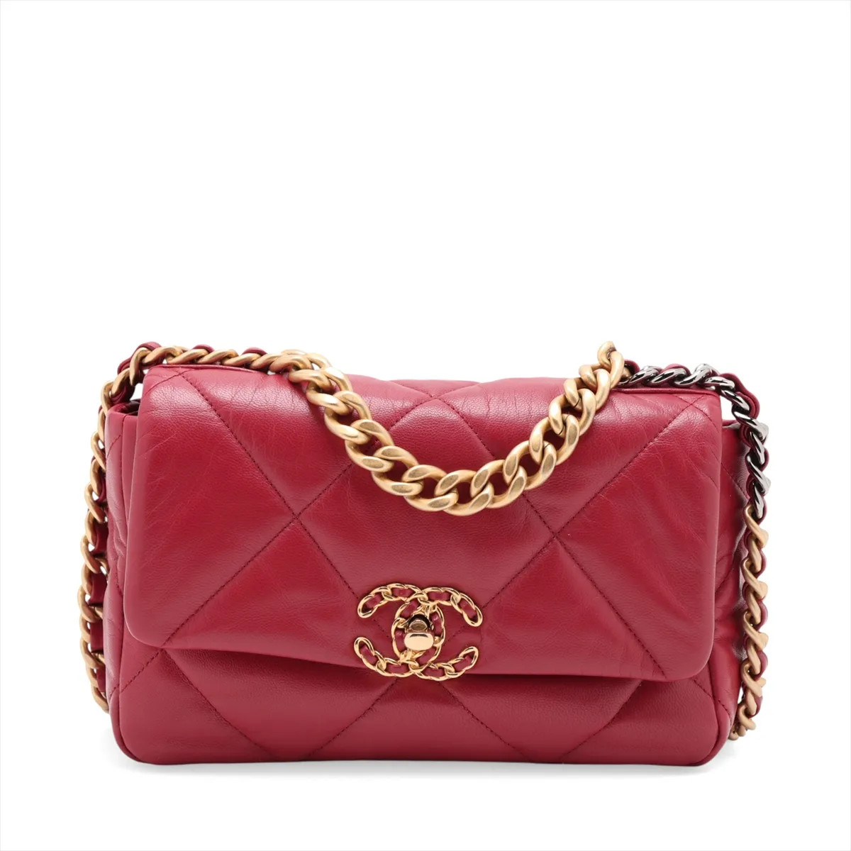 Chanel CHANEL 19 Lambskin Chain Shoulder Bag Red Gold x Silver Metal Fittings 28