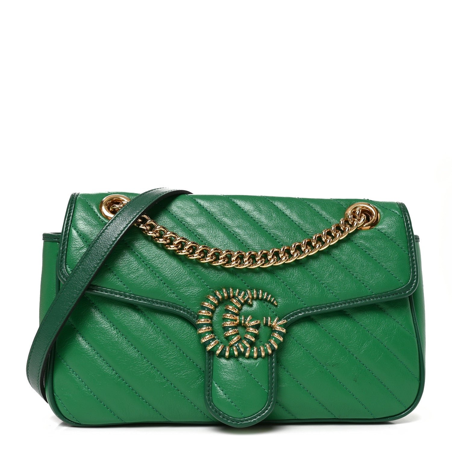 Gucci Azalea Calfskin Enamel Matelasse Diagonal Small Torchon GG Marmont Shoulder Bag New Shamarock Emerald