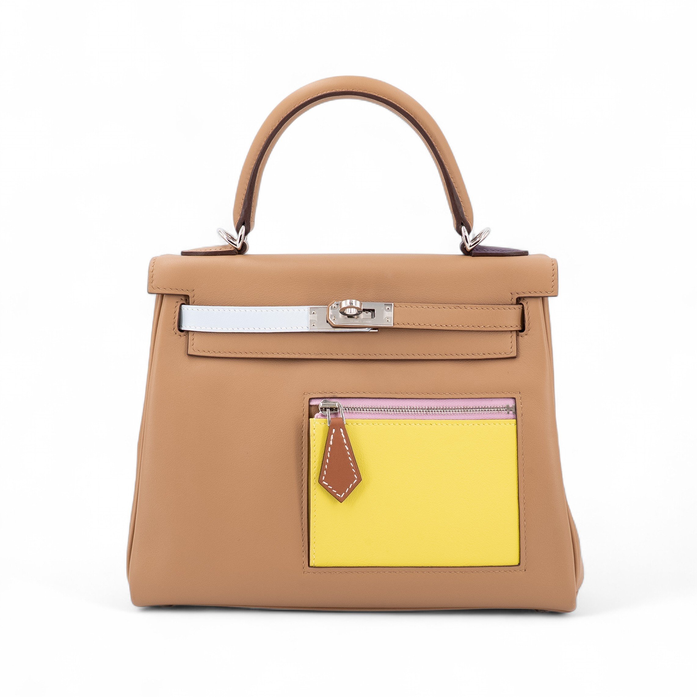 Hermes Excellent ( Rank SA ) HERMÈS Limited Edition Kelly 25 Colormatic Chai (0M) Lime (9R) Mauve Sylvestre (X9) Swift Palladium hardware B (2023)