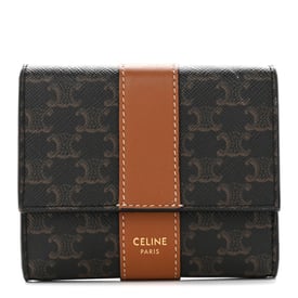 Celine Canvas Triomphe Lambskin Folded Compact Wallet Tan