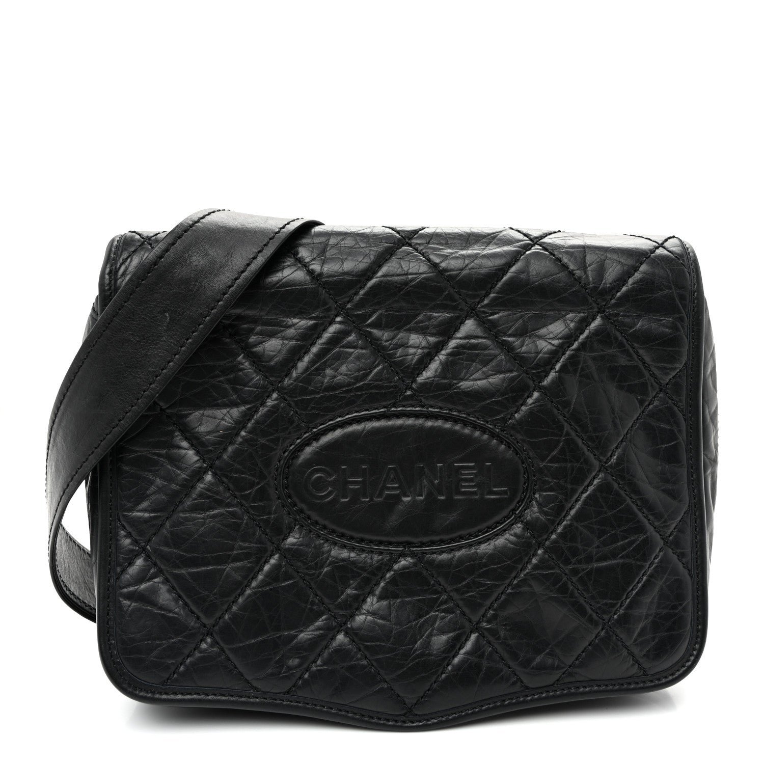Chanel Aged Calfskin Quilted Vintage Ligne Messenger Flap Black