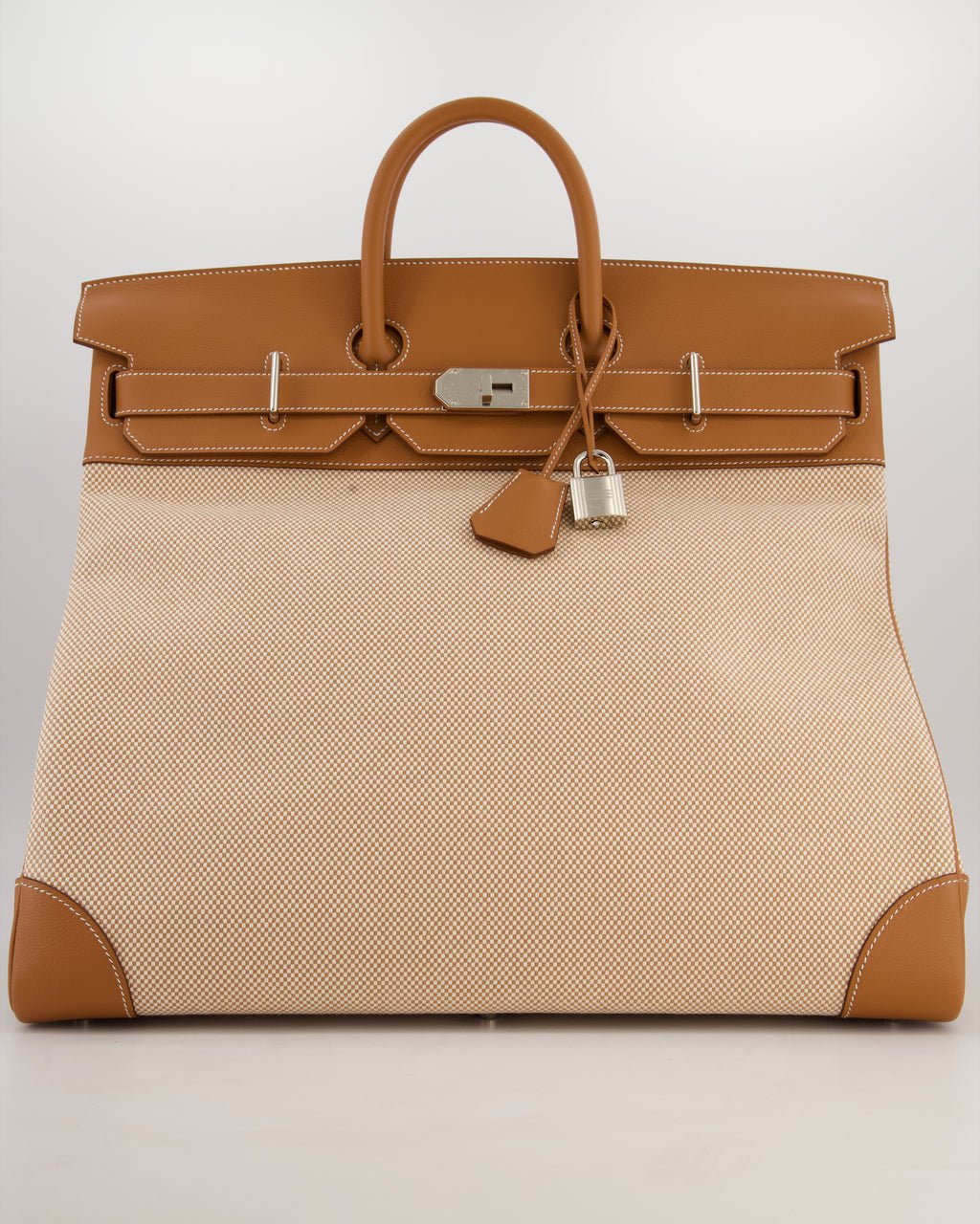 Hermes *RARE* Hermès Haut à Courroies HAC 50 Bag in Gold Evercolour Leather &  Écru/Beige Toile Cross Canvas with Palladium Hardware
