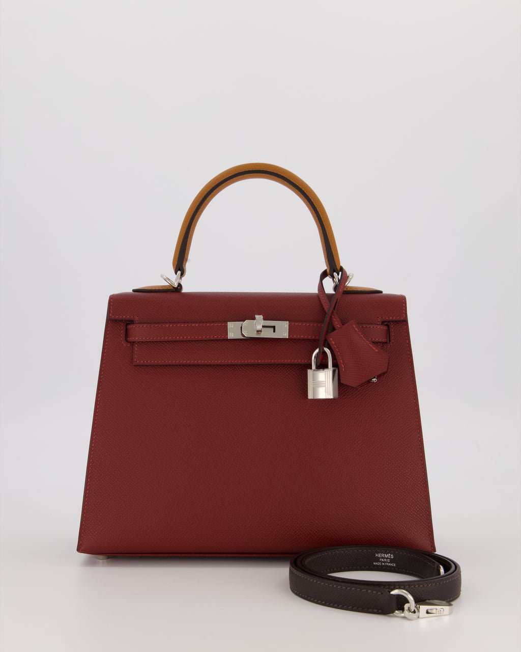 *HOT* Hermès Kelly 25 Sellier Tricolour Bag in Rouge H, Gold, & Bai Brun Epsom Leather and Palladium Hardware
