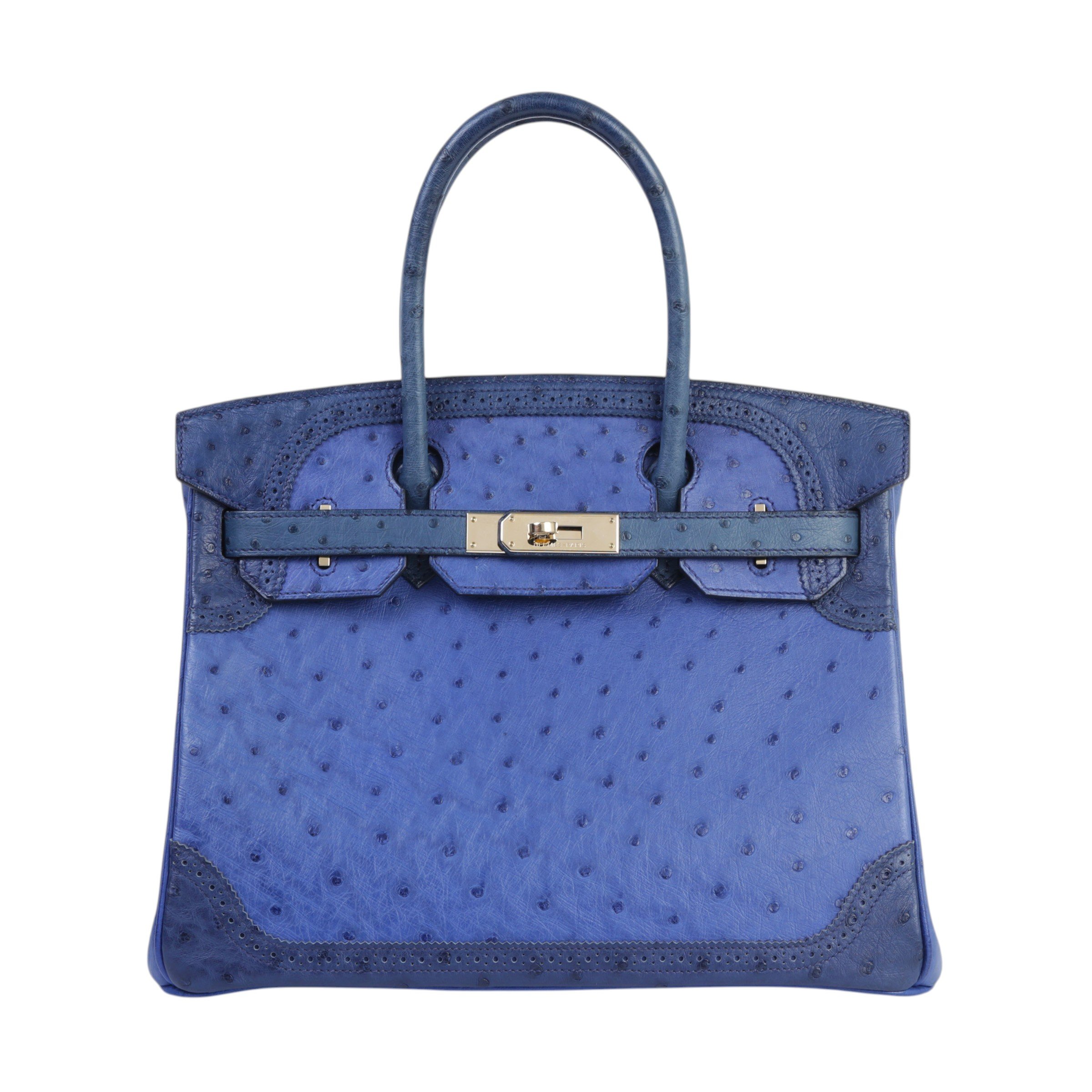 Hermes Very Good ( Rank A) HERMÈS Birkin Ghillies 30 Bleu Saphir (73) Bleu Iris (77) Ostrich Permabrass hardware Square R (2014)