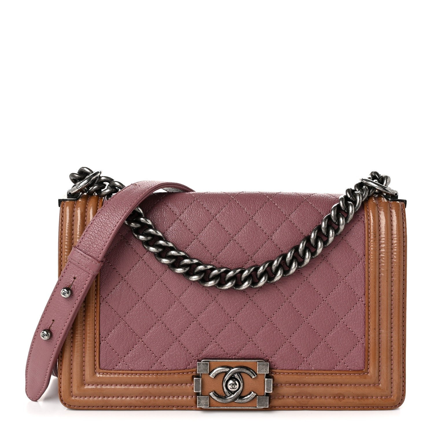 Chanel Goatskin Quilted Patent Medium Duo Boy Flap Pink Tan
