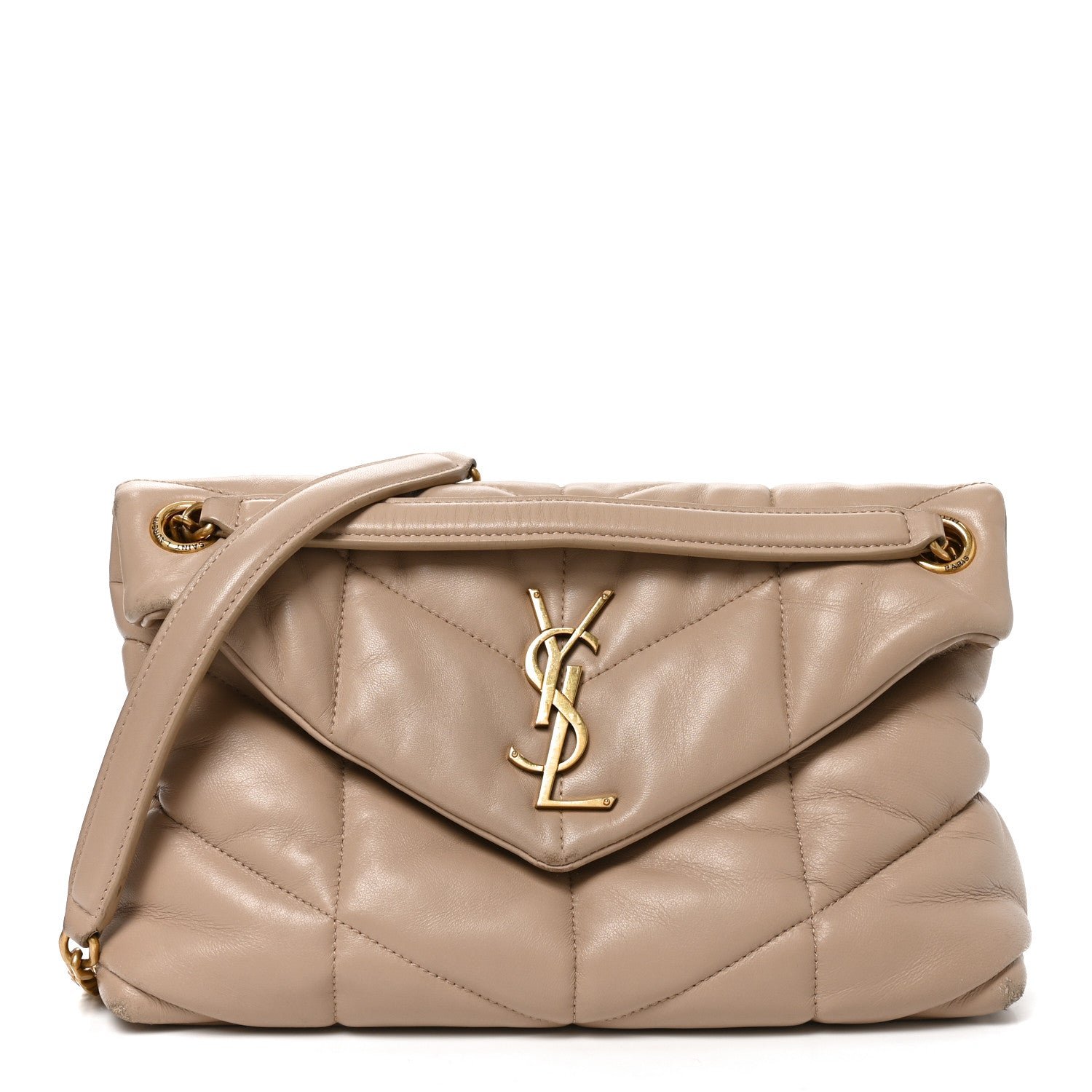 Saint Laurent Lambskin Quilted Small Loulou Puffer Monogram Chain Satchel Dark Beige