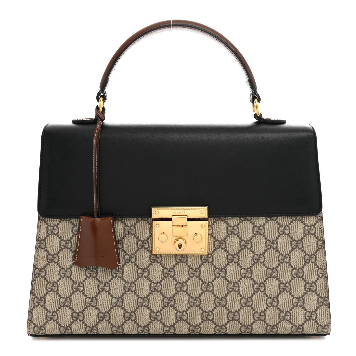 Gucci GG Supreme Monogram Calfskin Medium Padlock Top Handle Bag Beige Black Cuir