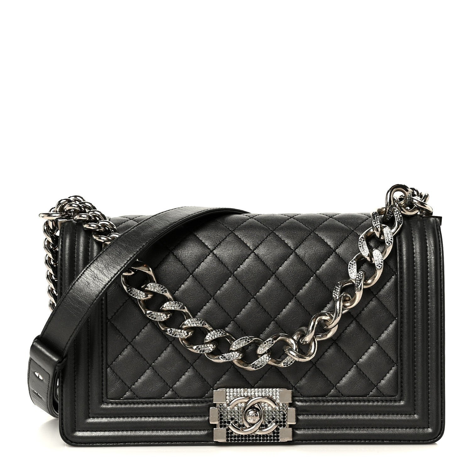 Chanel Metallic Lambskin Quilted Crystal Medium Boy Flap Grey