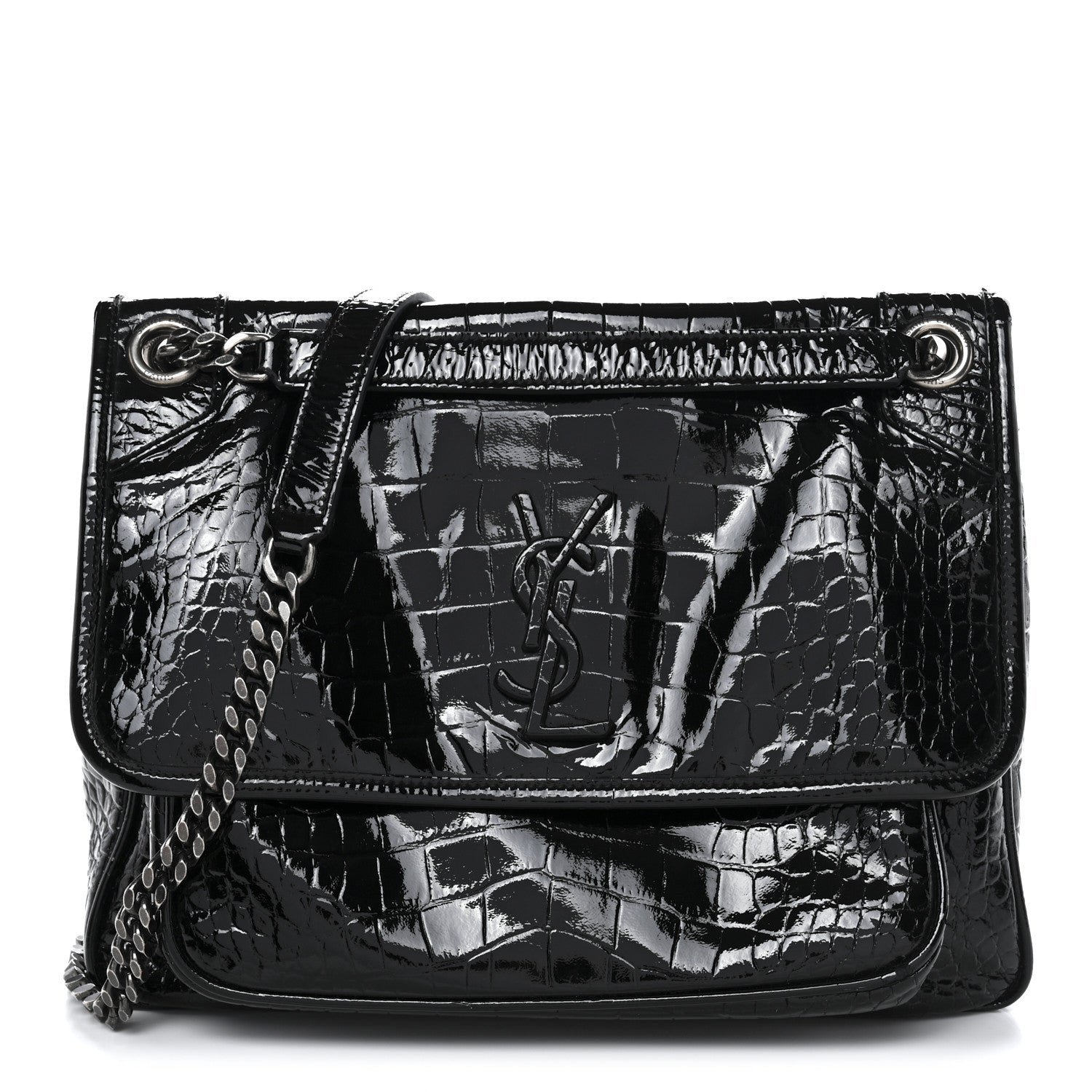 Saint Laurent Patent Crocodile Embossed Lambskin Monogram Medium Niki Chain Satchel Black