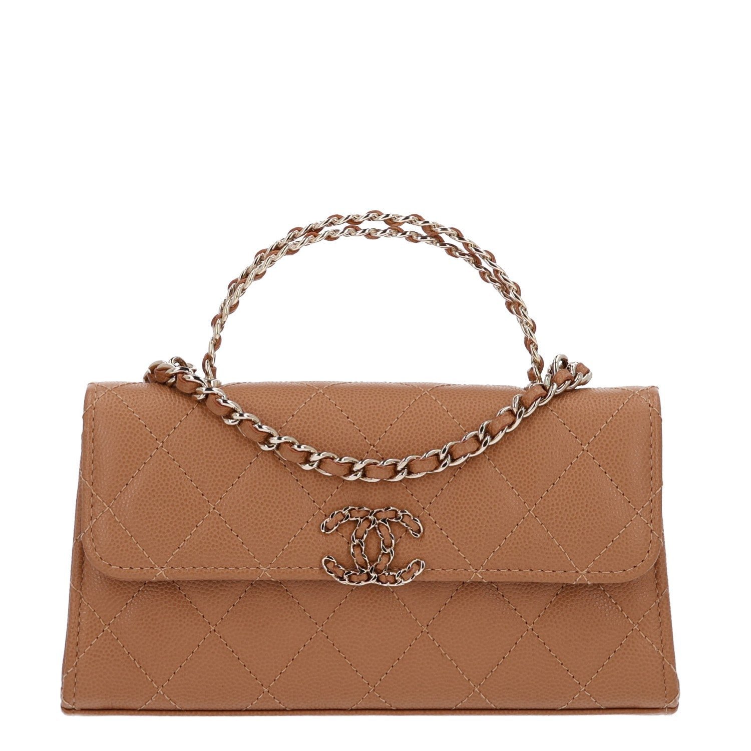 Chanel Caviar Quilted Chain Match Top Handle Phone Holder With Chain Beige