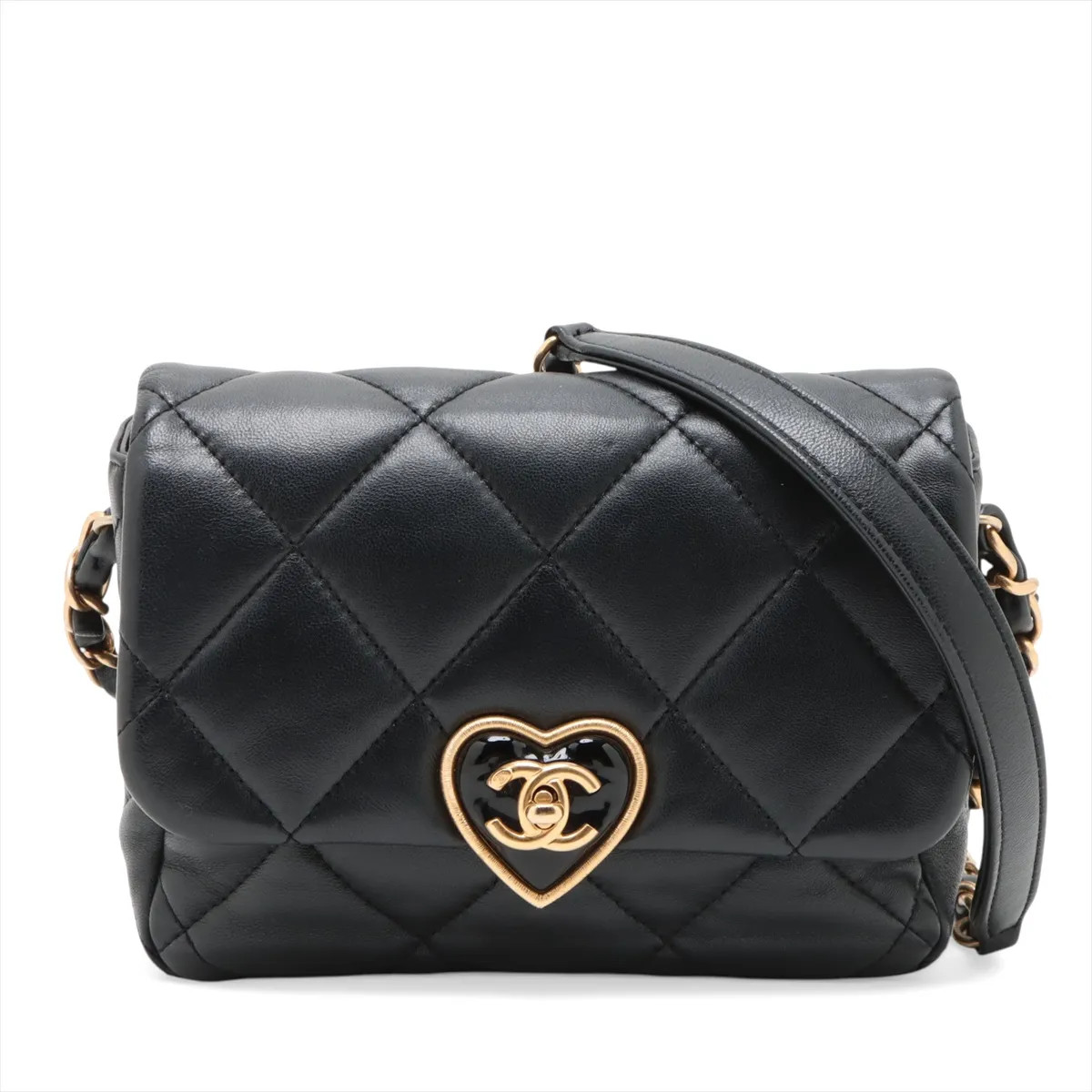 Chanel Matelasse Lambskin Chain Shoulder Bag hearts Black Gold Metal Fittings ra