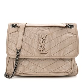 Saint Laurent Crinkled Calfskin Matelasse Monogram Medium Niki Chain Satchel Light Taupe