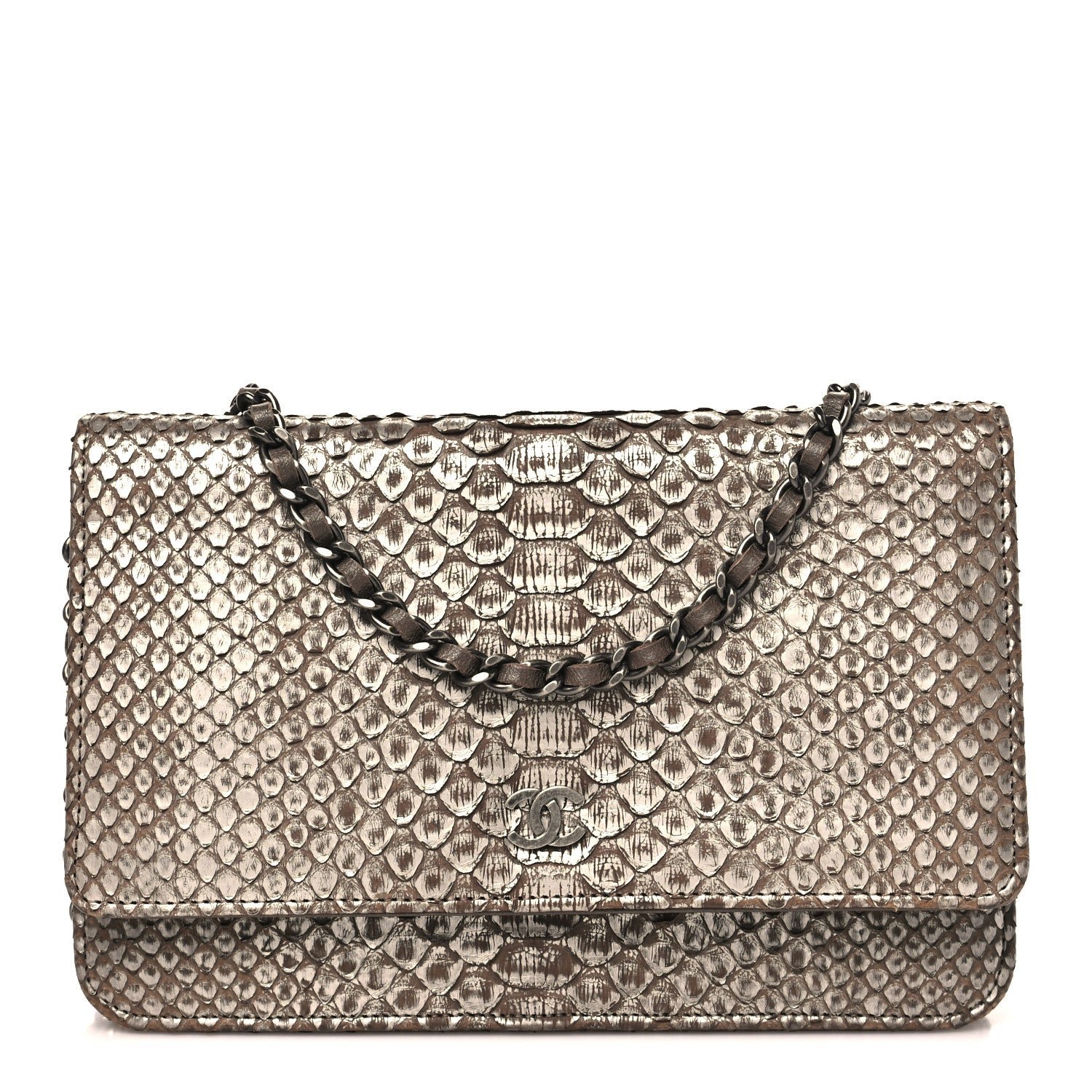 Chanel Snakeskin Wallet On Chain WOC Brown Silver