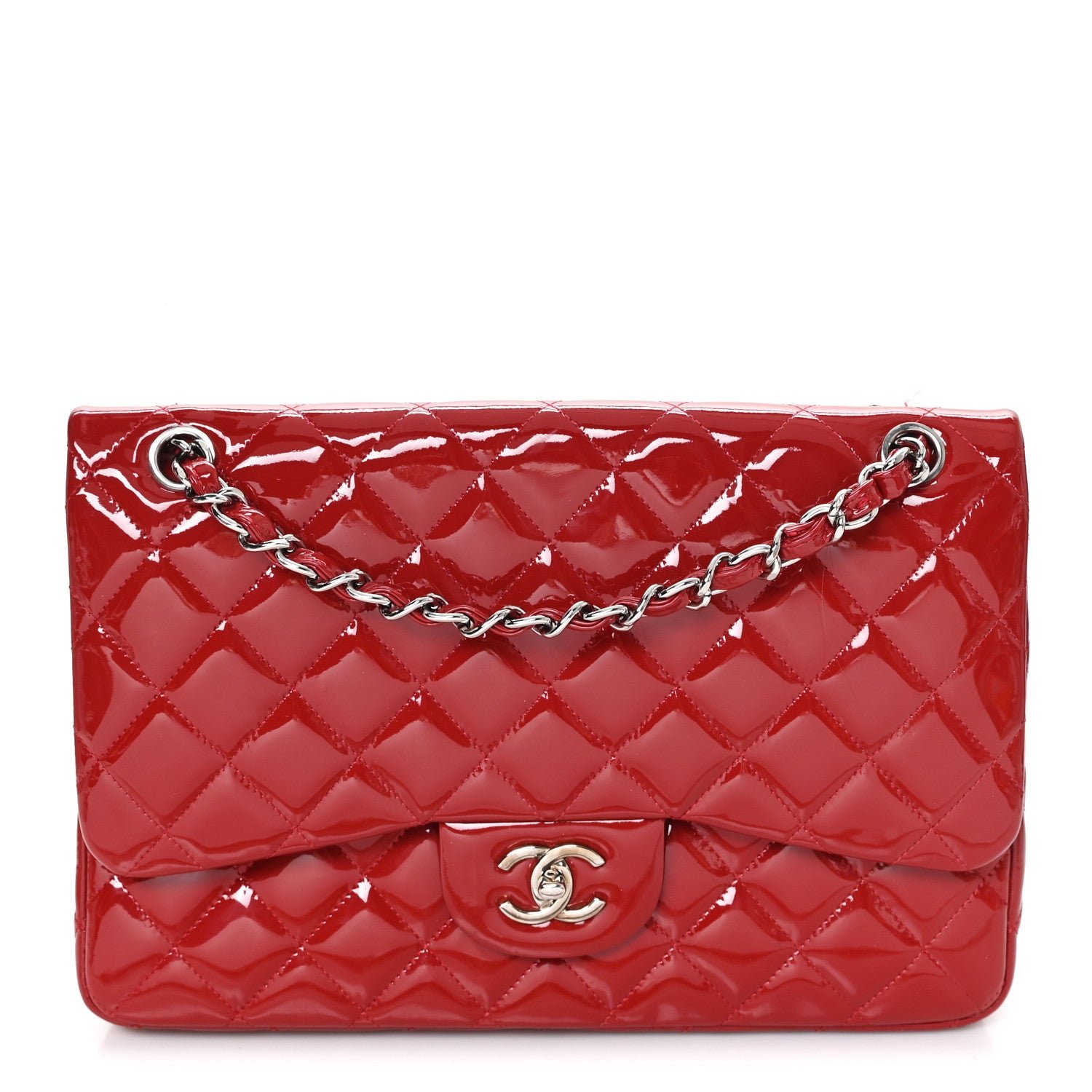 Chanel Patent Quilted Jumbo Double Flap Red