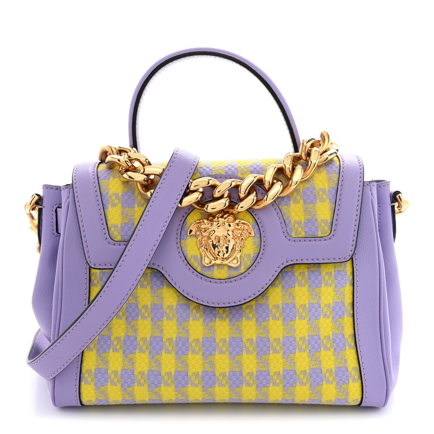 Versace Versace Calfskin Tweed Medusa Medium Top Handle Handbag Lilac Yellow