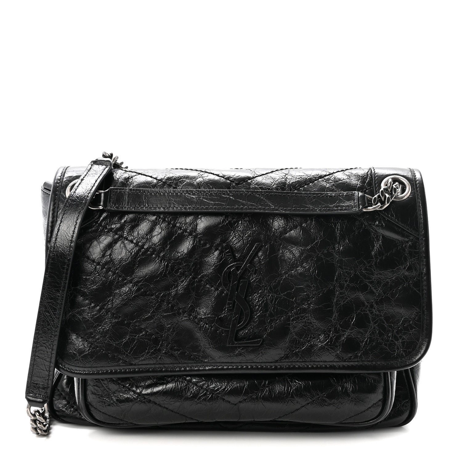 Saint Laurent Crinkled Calfskin Matelasse Monogram Medium Niki Chain Satchel Black