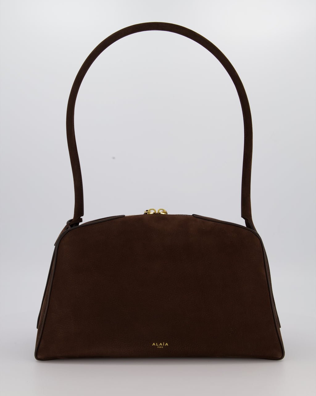 Alaia Alaïa Brown SS/26 Le Bouledogue Medium Suede Top Handle Bag with Gold Hardware